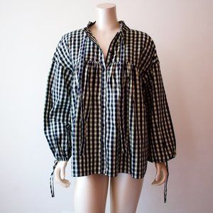 Sela Maternity Black and White With Green Check Shirt Loose Tie Poof Sleeves XL